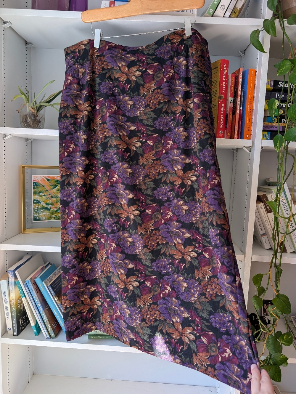 Vintage Floral Midi Skirt Purple Brown Size 2XL Boho Romantic Whimsi
